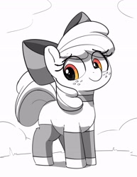 Size: 2257x2921 | Tagged: safe, artist:pabbley, apple bloom, earth pony, pony, g4, adorabloom, blank flank, choker, clothes, cute, eye clipping through hair, female, filly, foal, freckles, grayscale, high res, leg warmers, monochrome, partial color, simple background, smiling, solo, white background