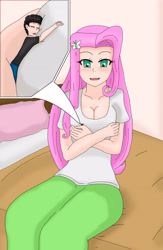 Size: 2400x3677 | Tagged: safe, artist:tsukai91, fluttershy, human, equestria girls, g4, 2d, bedroom, bedsheets, blanket, breasts, busty fluttershy, butterfly hairpin, cleavage, clothes, female, hairclip, hug, long skirt, looking down, male, micro, open mouth, pillow, sitting, skirt, smiling