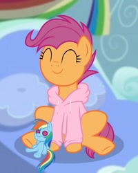 Size: 1080x1350 | Tagged: artist needed, safe, rainbow dash, scootaloo, pegasus, pony, g4, clothes, cute, cutealoo, female, hoodie, older, older scootaloo, plushie, rainbow dash plushie, solo