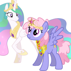 Size: 1850x1850 | Tagged: artist needed, source needed, safe, princess celestia, rainbowshine, alicorn, pegasus, pony, g4, big crown thingy, celestia is not amused, concave belly, crown, duo, element of generosity, element of honesty, element of kindness, element of laughter, element of loyalty, element of magic, elements of harmony, ethereal mane, ethereal tail, eyelashes, female, folded wings, frown, height difference, hoof shoes, jewelry, long mane, looking at each other, looking at someone, mare, peytral, physique difference, princess shoes, raised hoof, regalia, simple background, slender, spread wings, standing, tail, tall, thin, transparent background, unamused, wings
