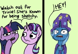 Size: 2048x1424 | Tagged: safe, artist:ewoudcponies, starlight glimmer, trixie, twilight sparkle, alicorn, pony, unicorn, g4, 2 panel comic, brooch, comic, dialogue, female, funny, green background, horn, jewelry, mare, pun, simple background, sketchy, speech bubble, trio, trio female, trixie's brooch, twilight sparkle (alicorn), visual pun, wordplay