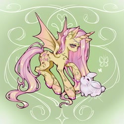Size: 2048x2048 | Tagged: safe, artist:periwinki3, angel bunny, fluttershy, alicorn, hybrid, pony, rabbit, g4, alicornified, alternate eye color, animal, bags under eyes, bat pony hybrid, bat wings, colored hooves, colored wings, concave belly, duo, duo male and female, ear fluff, female, fluttercorn, frown, gradient ears, gradient horn, gradient wings, horn, jewelry, lidded eyes, long horn, long legs, long mane, long tail, male, mare, multicolored eyes, patterned background, pink mane, pink tail, plant, race swap, shiny hooves, shiny mane, shiny tail, signature, slender, spread wings, tail, thin, unicorn horn, unshorn fetlocks, vine, wingding eyes, wings, yellow coat