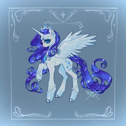 Size: 2048x2048 | Tagged: safe, artist:periwinki3, rarity, alicorn, pony, g4, alicornified, blue eyes, border, colored hooves, colored pinnae, concave belly, crown, ear piercing, earring, eyeshadow, female, frown, gradient background, jewelry, lidded eyes, long legs, makeup, mare, pearl, peytral, piercing, profile, purple mane, purple tail, race swap, raised hoof, raricorn, regalia, shiny coat, shiny hoof, shiny mane, shiny tail, slender, solo, spread wings, standing, tail, thin, tiara, wavy mane, wavy tail, white coat, wingding eyes, wings