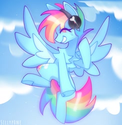 Size: 1557x1594 | Tagged: safe, artist:sillyp0ne, rainbow dash, pegasus, pony, g4, alternate hairstyle, blue coat, blushing, chest fluff, cloud, colored pinnae, colored wings, day, eye clipping through hair, eyes closed, female, flying, headphones, hoof heart, in air, listening to music, mare, multicolored hair, multicolored mane, multicolored tail, rainbow hair, rainbow tail, raised hooves, shiny mane, shiny tail, short mane, shoulder fluff, signature, sky background, smiling, solo, spread wings, tail, two toned wings, underhoof, wing fluff, wings