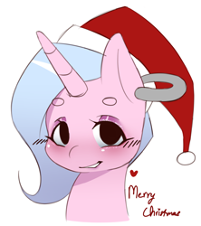 Size: 996x1120 | Tagged: safe, artist:chiefywiffy, oc, oc only, oc:chiefy, unicorn, bust, christmas, ear piercing, hat, holiday, horn, merry christmas, piercing, portrait, santa hat, simple background, solo, white background