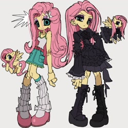 Size: 2000x2005 | Tagged: safe, artist:jwnn_, fluttershy, pony, equestria girls, g4, belt, big eyes, boots, bow, clothes, colored sclera, dress, duality, dyed hair, ear piercing, earring, emanata, eye clipping through hair, eyelashes, eyeshadow, female, fluttergoth, flying, frilly dress, frown, goth, gothic lolita, gray background, gray sclera, group, hairclip, hand on hip, in air, jewelry, knee-high boots, leg warmers, lidded eyes, lolita fashion, long legs, looking at you, makeup, mare, narrowed eyes, piercing, pink hair, pink mane, pink tail, platform boots, raised hoof, self paradox, self ponidox, shoes, simple background, skirt, slender, smiling, socks, spread wings, standing, straight hair, tail, tall, tank top, teal eyes, thin, two toned hair, wavy hair, wavy mane, wavy tail, wingding eyes, wings, yellow coat, yellow skin