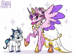 Size: 2560x1920 | Tagged: safe, artist:nymph, princess cadance, shining armor, alicorn, pony, unicorn, g4, clothes, concave belly, dress, duo, female, heart, height difference, hoof shoes, horn, lidded eyes, looking at you, male, mare, meme, princess shoes, raised hoof, ship:shiningcadance, shipping, shoes, simple background, slender, spread wings, stallion, straight, the bride and the ugly ass groom, thin, toy interpretation, wedding dress, white background, wings