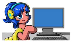 Size: 1083x633 | Tagged: safe, artist:chen_ying, oc, oc only, oc:heavy halbard, pony, computer, female, guardsmare, headphones, mare, royal guard, simple background, solo, tech support, white background