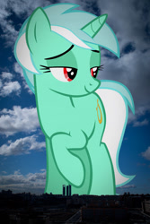 Size: 685x1023 | Tagged: safe, artist:tardifice, edit, editor:jaredking779, lyra heartstrings, pony, unicorn, g4, alternate eye color, attack on pony, background pony, female, giant pony, giantess, highrise ponies, horn, irl, lidded eyes, macro, madrid, mare, photo, ponies in real life, raised hoof, red eyes, smiling, solo, spain, story included
