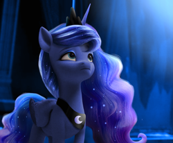 Size: 1945x1604 | Tagged: safe, artist:nightstellarswirls, princess luna, alicorn, pony, g4, g5, 3d, blurry background, chestplate, diadem, ethereal mane, ethereal tail, g4 to g5, generation leap, jewelry, looking up, regalia, solo, tail, tiara