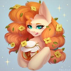 Size: 2000x2000 | Tagged: safe, artist:villjulie, pear butter, earth pony, pony, g4, buttercup, flower, flower in hair, food, jam, licking, licking lips, solo, tongue out