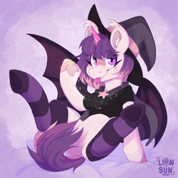 Size: 2000x2000 | Tagged: safe, artist:lionbun, oc, oc only, oc:wanda, bat pony, bat pony oc, clothes, cute, fake horn, female, glitter, hat, lying down, mare, mlem, on back, shirt, silly, socks, solo, stockings, striped socks, thigh highs, tongue out, witch, witch hat