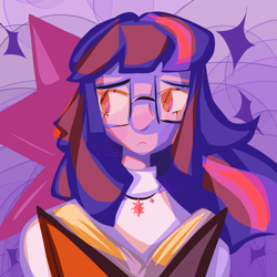 Size: 1280x1280 | Tagged: artist needed, source needed, safe, twilight sparkle, human, equestria girls, g4, book, bust, female, glasses, lineless, portrait, solo