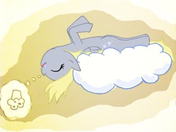 Size: 900x675 | Tagged: source needed, safe, artist:blu3berrymuffin, derpy hooves, pegasus, g4, cloud, dream, drool, food, legs in air, lying down, muffin, on back, sleeping