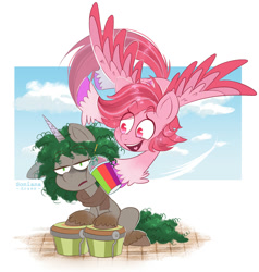 Size: 1901x2000 | Tagged: safe, artist:soniana_draws, dapple, windy, pegasus, pony, unicorn, g5, my little pony: make your mark, my little pony: make your mark chapter 1, clothes, drink, duo, female, flying, horn, male, mare, musical instrument, one ear down, scarf, simple background, smoothie, stallion, white background