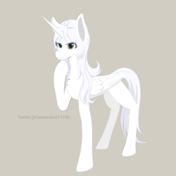 Size: 2000x2000 | Tagged: safe, artist:cassandra211190, oc, oc:κασσάνδρα, alicorn, pony, alicorn oc, concave belly, green eyes, horn, simple background, slender, solo, tan background, thin, wings
