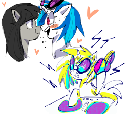 Size: 1280x1140 | Tagged: safe, artist:socialllinks, dj pon-3, octavia melody, vinyl scratch, earth pony, pony, unicorn, g4, blushing, duo, duo female, emanata, female, headphones, heart, horn, lesbian, looking at each other, looking at someone, mare, open mouth, open smile, ship:scratchtavia, shipping, simple background, smiling, turntable, vinyl's glasses, white background