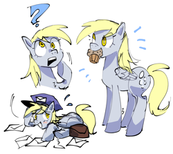 Size: 1280x1140 | Tagged: safe, artist:socialllinks, derpy hooves, pegasus, pony, g4, bag, blushing, confused, emanata, eye clipping through hair, female, folded wings, food, hat, mail, mailbag, mailmare, mailmare hat, mare, mouth hold, muffin, open mouth, question mark, simple background, smiling, solo, sweat, sweatdrop, white background, wings