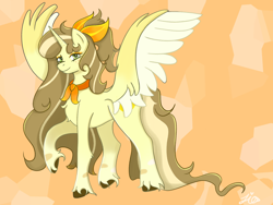 Size: 2048x1536 | Tagged: safe, artist:duckyia, oc, alicorn, pony, blonde mane, bow, brown mane, chest fluff, concave belly, ear fluff, eyeshadow, green eyes, hair bow, hoof fluff, long hair, long mane, long tail, looking at you, makeup, necktie, orange background, ponytail, raised hoof, simple background, solo, spread wings, tail, wings, yellow coat