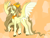 Size: 2048x1536 | Tagged: safe, artist:duckyia, oc, alicorn, pony, blonde mane, bow, brown mane, chest fluff, concave belly, ear fluff, eyeshadow, green eyes, hair bow, hoof fluff, long hair, long mane, long tail, looking at you, makeup, necktie, orange background, ponytail, raised hoof, simple background, solo, spread wings, tail, wings, yellow coat