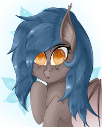 Size: 2840x3540 | Tagged: safe, artist:krymak, oc, oc only, bat pony, fangs, freckles, gradient background, solo