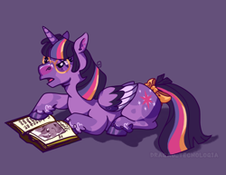 Size: 2749x2120 | Tagged: safe, artist:dragao_tecnologia, twilight sparkle, alicorn, pony, g4, book, digital art, fanart, glasses, purple background, redesign, simple background, solo, twilight sparkle (alicorn)