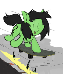 Size: 2467x2861 | Tagged: safe, artist:ponny, oc, oc only, oc:filly anon, earth pony, pony, :p, colored, female, filly, foal, grass, sidewalk, skateboard, solo, tech deck, tongue out