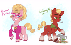 Size: 4590x2908 | Tagged: safe, artist:soniana_draws, phyllis cloverleaf, sprout cloverleaf, earth pony, pony, fanfic:a sprout to a better path, g5, my little pony: a new generation, alternate universe, badge, bandana, clothes, duo, duo male and female, fanfic art, female, gardening, glasses, grin, heart, heart eyes, jacket, jewelry, lidded eyes, looking at you, looking down, male, mare, mother and child, mother and son, music notes, necklace, pearl necklace, pursed lips, raised hoof, sheriff's badge, smiling, smiling at you, sprout, stallion, tail, unshorn fetlocks, watering can, whistling, wingding eyes