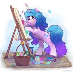 Size: 2048x2048 | Tagged: safe, artist:pfeffaroo, izzy moonbow, pony, unicorn, g5, :q, basket, beads, bipedal, canvas, creativity, cute, easel, female, glitter, high res, hoof painting, horn, izzybetes, mare, painting, rearing, solo, tongue out, unshorn fetlocks
