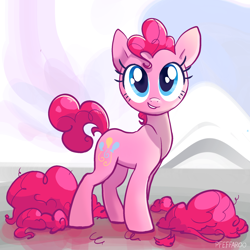 Size: 2048x2048 | Tagged: safe, artist:pfeffaroo, pinkie pie, earth pony, pony, g4, alternate hairstyle, blue eyes, cute, diapinkes, female, haircut, high res, looking at you, mare, short mane, short tail, signature, smiling, smiling at you, solo, tail
