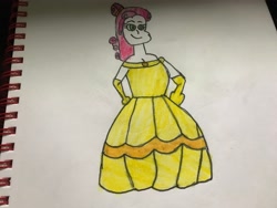 Size: 4032x3024 | Tagged: safe, artist:alex-canine845, sweetie belle, human, equestria girls, g4, alternate hairstyle, beauty and the beast, belle, clothes, dress, evening gloves, female, gloves, gown, hand on hip, long gloves, namesake, pun, smiling, solo, traditional art, visual pun