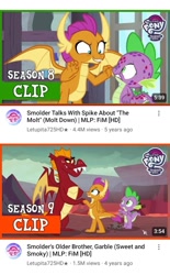 Size: 720x1162 | Tagged: safe, screencap, garble, smolder, spike, dragon, g4, molt down, season 8, season 9, sweet and smoky, brother and sister, closet, comparison, dragon lands, female, logo, looking at each other, looking at someone, male, my little pony logo, school of friendship, siblings, spread wings, winged spike, wings, youtube, youtube link