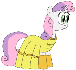 Size: 930x861 | Tagged: safe, artist:kwjibo-deviations, sweetie belle, pony, unicorn, g4, beauty and the beast, belle, clothes, dress, evening gloves, female, filly, foal, gloves, gown, horn, long gloves, namesake, pun, simple background, smiling, solo, transparent background, visual pun