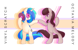 Size: 5950x3850 | Tagged: safe, artist:pekou, dj pon-3, octavia melody, vinyl scratch, earth pony, pony, unicorn, g4, absurd resolution, belly, bipedal, bow (instrument), bowtie, duo, duo female, eyebrows, eyebrows visible through hair, female, hoof hold, horn, looking at each other, looking at someone, mare, octavia's bowtie, open mouth, open smile, profile, record, smiling, smiling at each other, sunglasses, vinyl's glasses