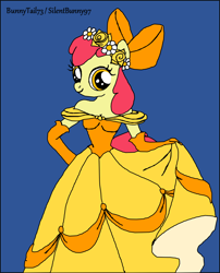 Size: 1280x1585 | Tagged: safe, artist:silentbunny97, apple bloom, earth pony, anthro, g4, belle, blue background, bow, clothes, curtsey, dress, evening gloves, female, floral head wreath, flower, gloves, gown, hair bow, long gloves, simple background, smiling, solo