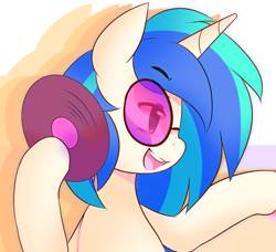 Size: 1563x1427 | Tagged: safe, artist:pekou, dj pon-3, vinyl scratch, pony, unicorn, g4, eyebrows, eyebrows visible through hair, female, horn, juxtaposition bait, mare, open mouth, open smile, profile, record, smiling, solo, vinyl's glasses