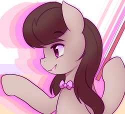 Size: 1563x1427 | Tagged: safe, artist:pekou, octavia melody, earth pony, pony, g4, bow, bow (instrument), bowtie, eyebrows, eyebrows visible through hair, female, hoof hold, juxtaposition bait, mare, open mouth, open smile, profile, smiling, solo