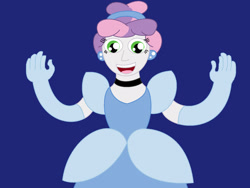 Size: 1600x1200 | Tagged: safe, artist:scoutimusprime, sweetie belle, human, equestria girls, g4, alternate hairstyle, amazed, arms in the air, blue background, choker, cinderella, clothes, dress, ear piercing, earring, evening gloves, female, gloves, gown, jewelry, long gloves, open mouth, open smile, piercing, poofy shoulders, simple background, smiling, solo