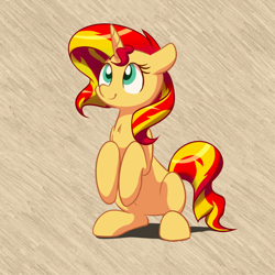 Size: 1280x1280 | Tagged: safe, artist:acersiii, sunset shimmer, pony, unicorn, g4, begging, colored pupils, cute, female, hooves to the chest, horn, looking up, mare, shimmerbetes, sitting, smiling, solo, stray strand