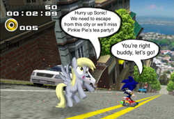 Size: 981x670 | Tagged: safe, edit, editor:peekychu, derpy hooves, pegasus, pony, g4, car, city, crossover, duo, female, implied pinkie pie, mare, sonic adventure 2, sonic the hedgehog, sonic the hedgehog (series), talking