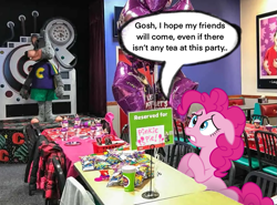 Size: 863x638 | Tagged: safe, edit, editor:peekychu, pinkie pie, earth pony, pony, g4, chuck e. cheese, irl, photo, ponies in real life, praying, solo