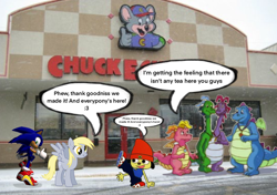 Size: 1048x739 | Tagged: safe, edit, editor:peekychu, derpy hooves, dog, dragon, hedgehog, pegasus, pony, anthro, plantigrade anthro, g4, :3, anthro with ponies, cassie (dragon tales), chuck e. cheese, crossover, dragon tales, english, group, misspelling, multiple heads, ord, parappa the rapper, smiling, sonic the hedgehog, sonic the hedgehog (series), talking, two heads, two-headed dragon, wheezie, zak, zak and wheezie