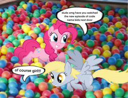 Size: 1448x1119 | Tagged: safe, edit, editor:peekychu, derpy hooves, pinkie pie, earth pony, pegasus, pony, g4, ball pit, duo, english, female, mare, talking