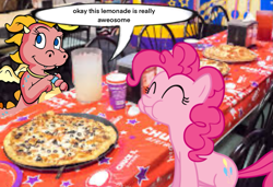 Size: 981x670 | Tagged: safe, edit, editor:peekychu, pinkie pie, dragon, earth pony, pony, g4, cassie (dragon tales), cheek bulge, crossover, dragon tales, duo, eating, english, food, irl, photo, pizza, speech bubble, talking, text