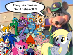 Size: 630x474 | Tagged: safe, edit, editor:peekychu, derpy hooves, pinkie pie, chao, dog, dragon, earth pony, fox, hedgehog, mouse, pegasus, pony, rabbit, g4, :3, animal, cassie (dragon tales), cheese the chao, chucky e. cheese, cream the rabbit, dragon tales, group, mass crossover, miles "tails" prower, ord, parappa the rapper, smiling, sonic the hedgehog, sonic the hedgehog (series), talking, zak and wheezie