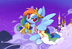 Size: 1748x1193 | Tagged: safe, artist:lemonheart, rainbow dash, pegasus, pony, g4, the best night ever, canterlot, canterlot castle, castle, clothes, cloud, commission, cute, dashabetes, dress, female, gala dress, gown, jewelry, looking at you, mare, necklace, rainbow, rainbow dash always dresses in style, rainbow dash's first gala dress, scene interpretation, sky, smiling, smiling at you, solo, spread wings, stars, wings