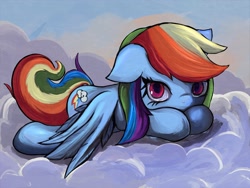 Size: 2000x1500 | Tagged: safe, artist:zokkili, rainbow dash, pegasus, pony, g4, backwards cutie mark, cloud, cute, dashabetes, female, floppy ears, looking at you, lying down, lying on a cloud, mare, on a cloud, outdoors, prone, sky, solo, spread wings, wings, wings down