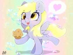 Size: 4000x3000 | Tagged: safe, artist:zokkili, derpy hooves, pegasus, pony, g4, :p, beanbrows, bubble, cute, derpabetes, ear fluff, eye clipping through hair, eyebrows, eyebrows visible through hair, female, food, gradient background, heart, high res, muffin, raised hoof, raised leg, signature, solo, sparkles, speech bubble, spoken heart, spread wings, standing on two hooves, tongue out, wings