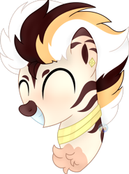 Size: 730x989 | Tagged: safe, artist:pure-blue-heart, oc, oc only, hybrid, zony, bust, chest fluff, ear piercing, earring, eyes closed, gift art, jewelry, male, piercing, simple background, solo, stallion, stallion oc, toothy grin, transparent background, zony oc