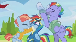 Size: 1024x576 | Tagged: safe, edit, edited screencap, screencap, bow hothoof, rainbow dash, windy whistles, pegasus, pony, g4, parental glideance, ^^, bipedal, clothes, cute, daaaaaaaaaaaw, eyes closed, father and child, father and daughter, female, freckles, goggles, goggles on head, grin, hooves on cheeks, jacket, male, mare, mother and child, mother and daughter, pampering, rainbow dash's parents, ruffles, smiling, stallion, trio, uniform, wonderbolts uniform